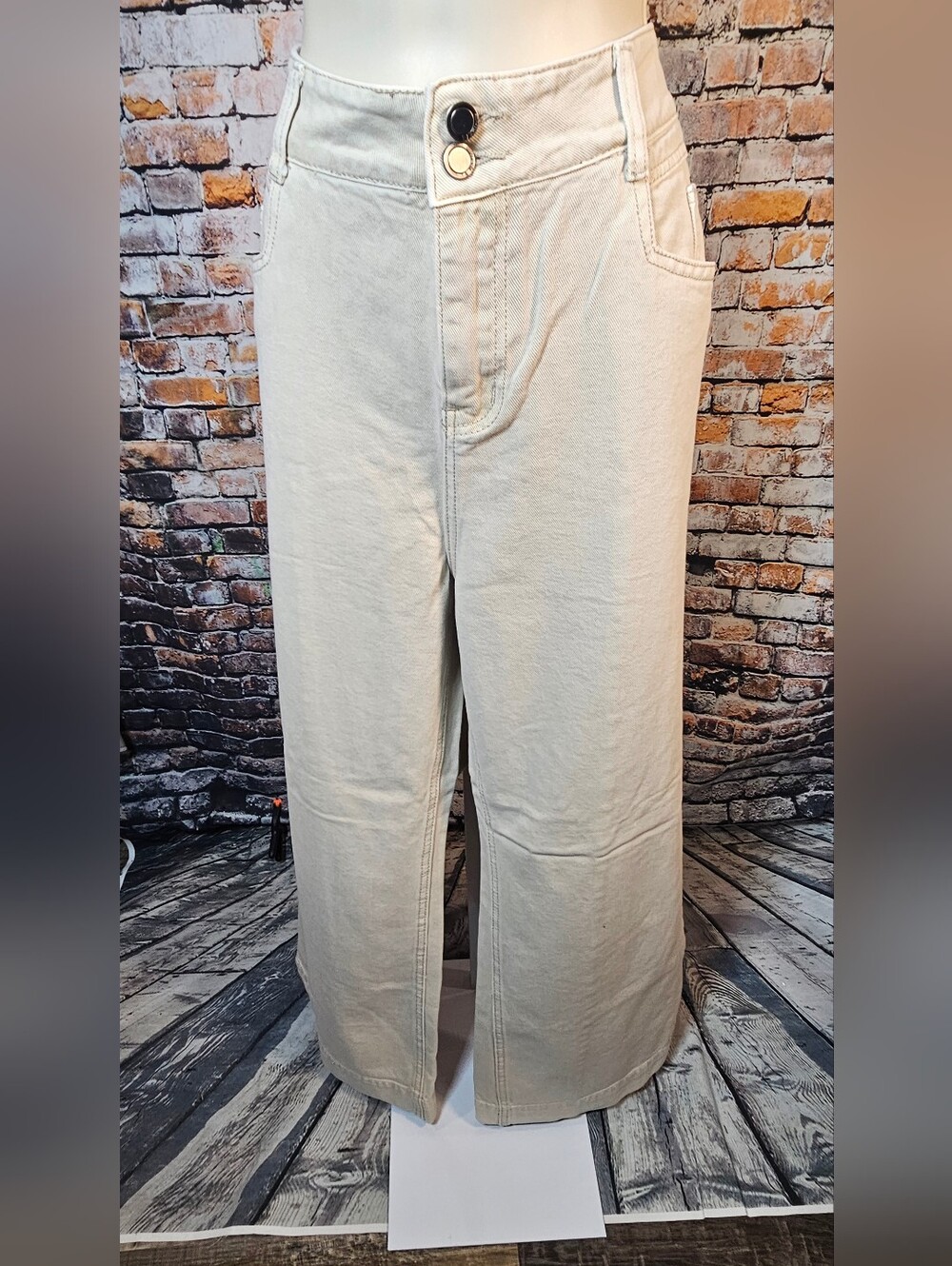 Amaryllis High Rise Wide Leg Jeans Sz 10 Cream Ecru Utility Pocket Double Button